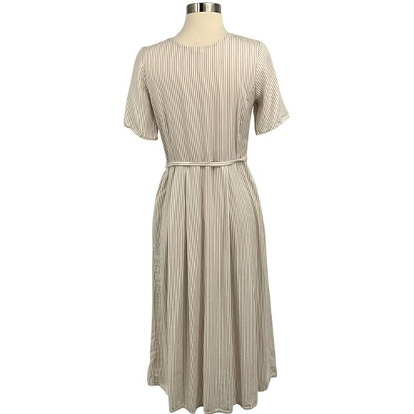 Vetta The Button Up Midi Dress Taupe Stripe Short Sleeve Buttoned Size XS Belted - Picture 6 of 9